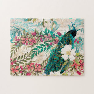 Puzzle Paon et fleurs illustrés antiques grunge