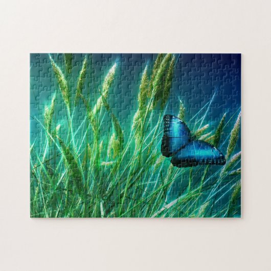 Puzzle Papillon bleu Morpho sur herbe verte (Horizontal)
