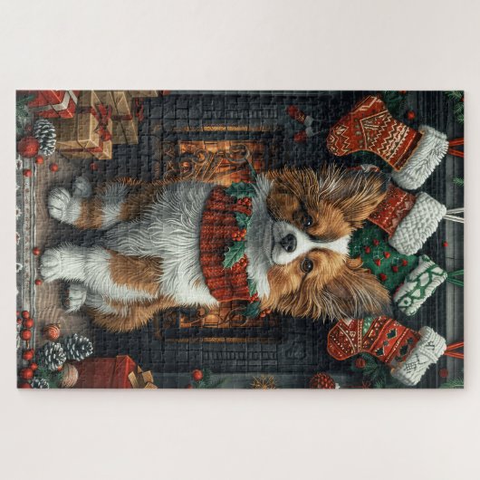 Puzzle Papillon Chien avec les cadeaux de Noël cheminée (Horizontal)