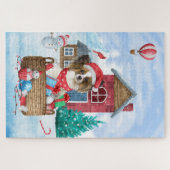 Puzzle Papillon Chien dans la maison de Noël enneigée (Horizontal)
