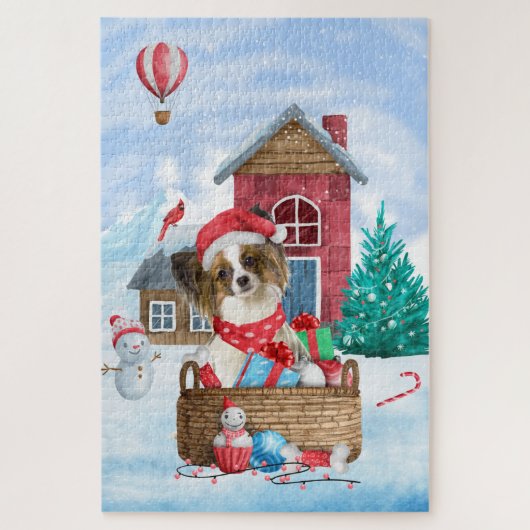 Puzzle Papillon Chien dans la maison de Noël enneigée (Vertical)