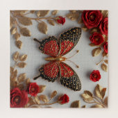 Puzzle Papillon doré avec des roses rouges et des feuille (Horizontal)