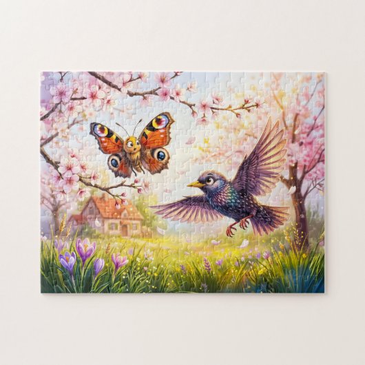 Puzzle Papillon effrayé par un oiseau sous les fleurs de (Horizontal)