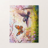 Puzzle Papillon effrayé par un oiseau sous les fleurs de (Vertical)