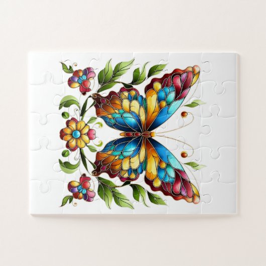 Puzzle Papillon en vitrail coloré avec fleurs (Horizontal)