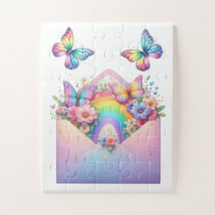 Puzzle - Papillon et Fleur Pailletés Arc-en-Ciel 