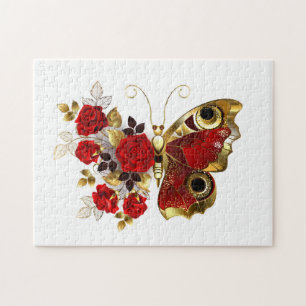 Puzzle Papillon fleur rouge avec des roses rouges