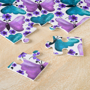 Puzzle Papillon floral motif sarcelle violet 