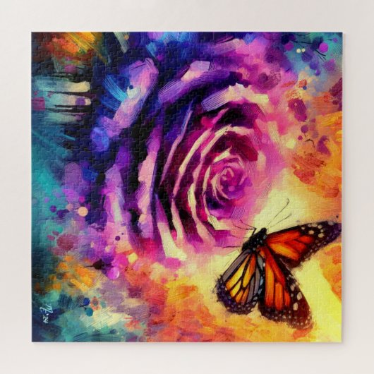 Puzzle Papillon monarque sur Rose violet au soleil coucha (Horizontal)
