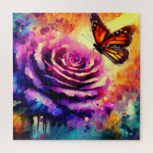 Puzzle Papillon monarque sur Rose violet au soleil coucha