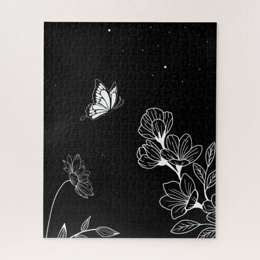 Puzzle Papillon noir et blanc et fleurs à l'art nocturne (Vertical)