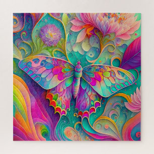Puzzle Papillon psychédélique coloré et fleurs