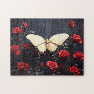 Puzzle Papillon Reposé parmi les Roses rouges vibrantes