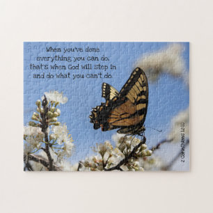 Puzzle Papillon sur fleurs blanches avec versets d'écritu