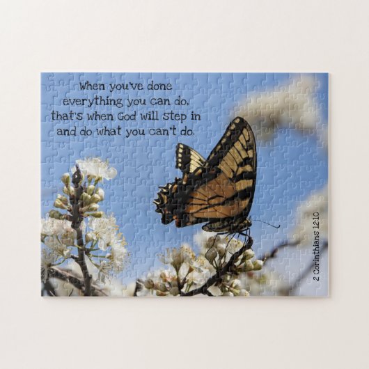 Puzzle Papillon sur fleurs blanches avec versets d'écritu (Horizontal)
