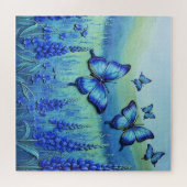 Puzzle Papillons Bleus avec des Fleurs Bleues, (Horizontal)