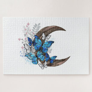 Puzzle Papillons bleus sur croissant en bois