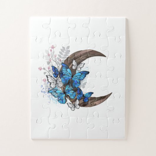 Puzzle Papillons bleus sur croissant en bois (Vertical)