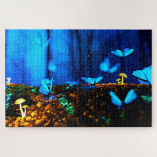 Puzzle Papillons bleus Whimsical Forêt de champignons