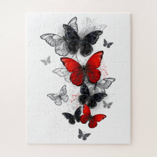 Puzzle Papillons Morpho Noirs et Rouges en Vol