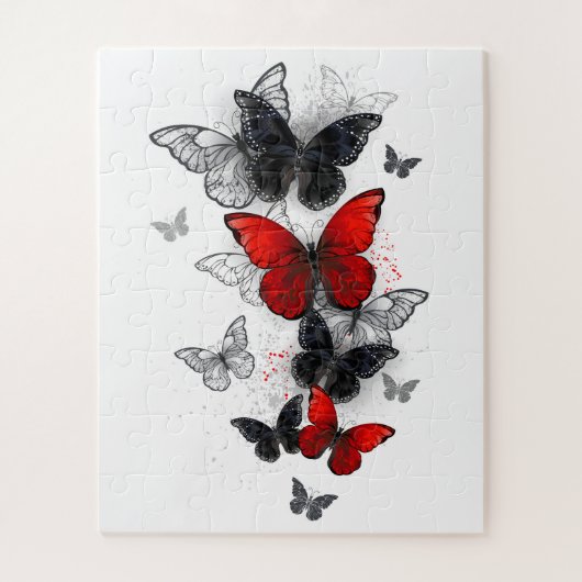 Puzzle Papillons Morpho Noirs et Rouges en Vol (Vertical)