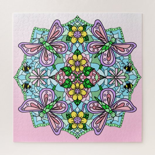 Puzzle Papillons roses Fleurs et abeilles Mandala (Vertical)