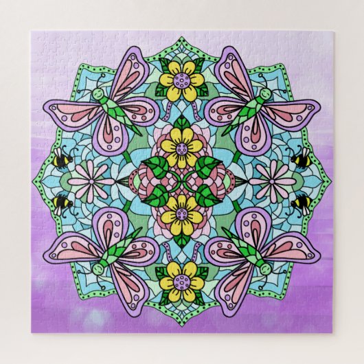 Puzzle Papillons violets Fleurs et abeilles Mandala (Vertical)