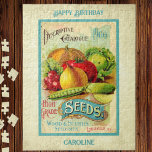 Puzzle Paquet de semences vintage<br><div class="desc">Personnalisez ce puzzle à thème de jardin avec votre propre texte. Imprimé avec une image colorée d'un paquet vintage de semences végétales et texte modifiable au-dessus et au-dessous de l'art. Voir d'autres éléments de coordination dans cette collection.</div>
