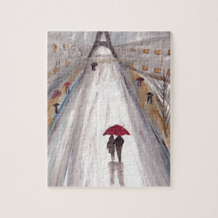 Puzzle Parapluie rouge couple amour paris