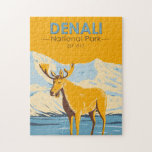 Puzzle Parc national du Denali Alaska Moose Vintage<br><div class="desc">Design d'illustration vectorielle Denali. Le parc a un terrain de toundra,  de forêt d'épinettes et de glaciers,  le parc abrite la faune,  y compris le grizzli,  le loup,  l'orignal,  le caribou et le mouton de Dall.</div>