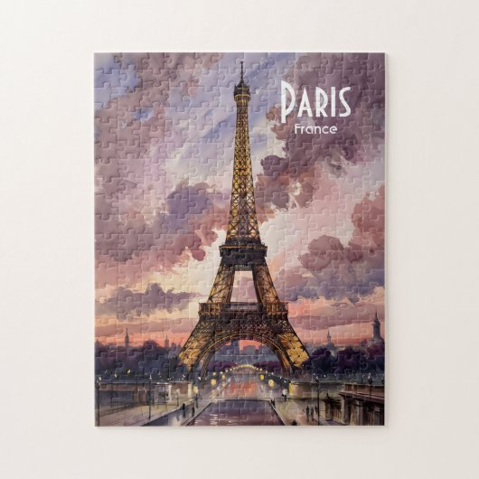 Puzzle Paris Eiffel Tower Twilight Watercolor Custom Text (Vertical)