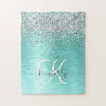 Puzzle Parties scintillant argentée turquoise en métal br<br><div class="desc">Personnalisez facilement ce puzzle chic design à la mode avec une jolie parties scintillant brillante argentée sur un arrière - plan métallique brossé turquoise.</div>