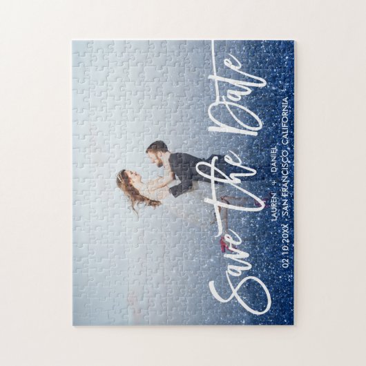 Puzzle Parties scintillant bleue Script photo mariage enr (Vertical)