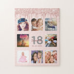 Puzzle parties scintillant de 18e anniversaire gouttes ph<br><div class="desc">Un cadeau glamour et unique de 18ème anniversaire ou un souvenir, célébrant sa vie avec un collage de 8 de vos photos. Personnalisez et ajoutez un nom, 18 ans et une date. Lettres gris et rose foncé de couleur or. Elégante et tendance couleur arrière - plan rose vif. Décoré de...</div>