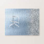 Puzzle Parties scintillant en argent brossé bleu Nom du m (Horizontal)