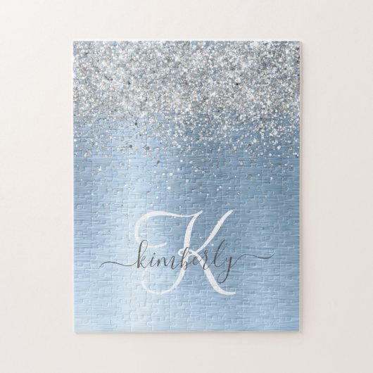 Puzzle Parties scintillant en argent brossé bleu Nom du m (Vertical)