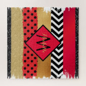 Puzzle Parties scintillant rouge Noir Brush Stroke Monogr (Horizontal)