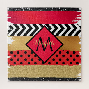 Puzzle Parties scintillant rouge Noir Brush Stroke Monogr