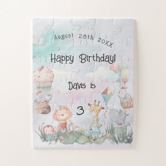 Puzzle Pastel Safari Animaux Personnalisés Anniversaire (Vertical)