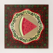 Puzzle pastèque sur plaque d'olive avec tatreez palestini (Horizontal)