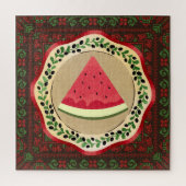 Puzzle pastèque sur plaque d'olive avec tatreez palestini (Vertical)