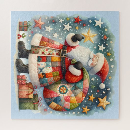 Puzzle Patchwork à carreaux Père Noël avec étoiles de Noë (Horizontal)