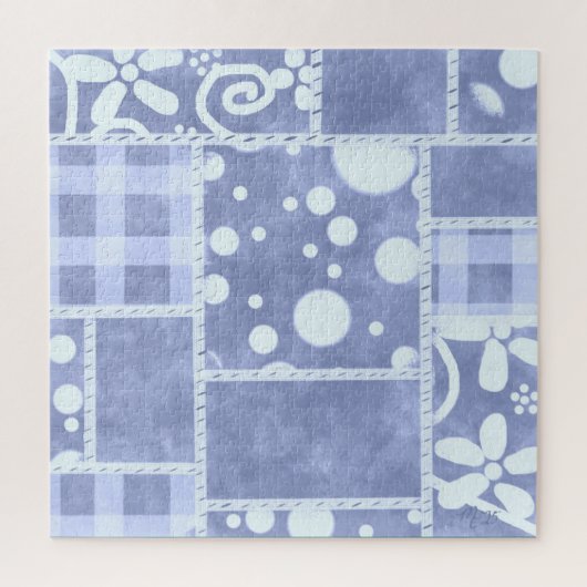 Puzzle Patchwork fou motif floral à carreaux bleus (Vertical)