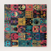 Puzzle Patchwork stylisé de crânes et de têtes (Horizontal)