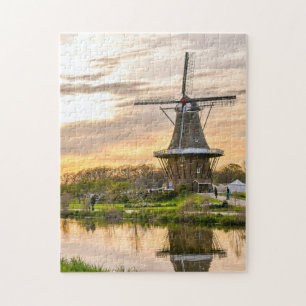 Puzzle Pays-Bas Holland Europe Wind Mills Lake Sunset