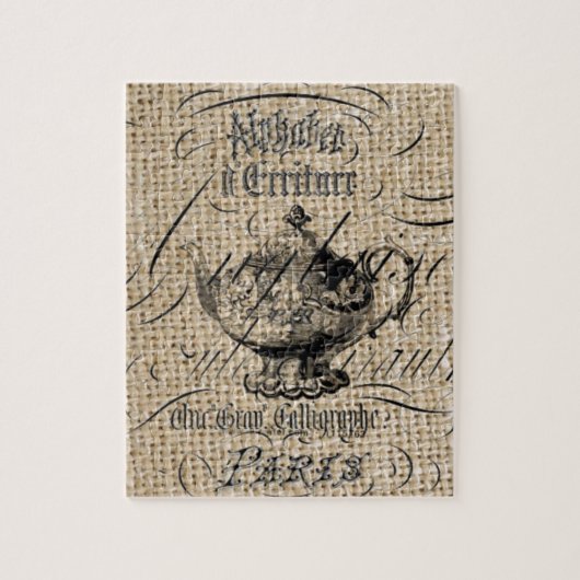 Puzzle pays français burlap scripts teapot tea party (Vertical)