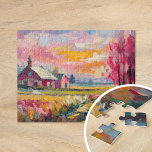 Puzzle Paysage agricole d'automne Art Abstrait moderne<br><div class="desc">Un tableau abstrait moderne et vibrant d'une ferme en automne, avec des teintes chaudes d'orange, rose et or avec des touches abstraites expressives. La composition dynamique saisit la beauté de l'automne, évoquant la sérénité d'une scène rurale. Les couleurs vives et le brossage fluide créent un sens du mouvement et de...</div>