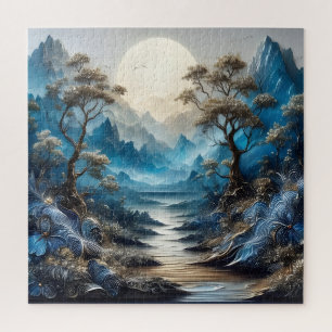 Puzzle Paysage alpin bleu avec montagnes de fleurs sauvag