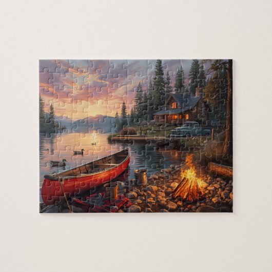 Puzzle Paysage de cabane au bord du lac au coucher du sol (Horizontal)