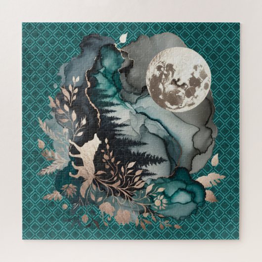 Puzzle Paysage de loup et lune or Turquoise (Horizontal)